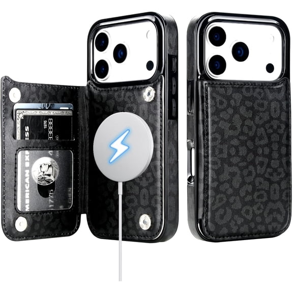Wallet Case for iPhone 17 Pro, Compatible with MagSafe Wireless Charging, Black Leopard Cheetah Pattern Back Flip Folio Leather Kickstand Card Slots Case Double Magnetic Clasp Cover 6.3"