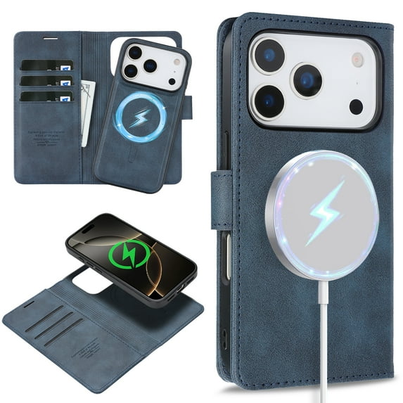 Wallet Case for iPhone 17 Pro, Detachable 2-in-1 PU Leather Flip Folio Case Support MagSafe Wireless Charging, Vintage Card Slots Kickstand Phone Cover for iPhone 17 Pro, Blue