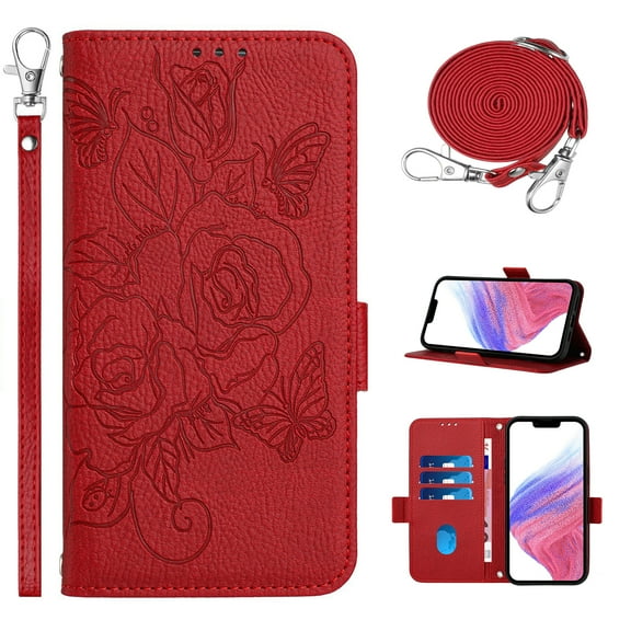 Wallet Case for iPhone 17 Pro, Embossed Flower PU Leather Flip Protective Wrist Strap Shoulder Strap RFID Blocking Card Slots Holder Pocket Stand Case for iPhone 17 Pro Women Girls, Red