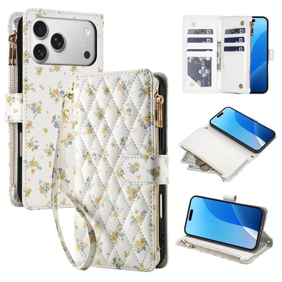 Wallet Case For iPhone 17 Pro Max 6.9-inch, Flower Pattern Flip Zipper Purse Leather Cover With Card Holder, Detachable Wristlet & Shoulder Strap, Shockproof ,Kickstand Phone Case For Women,Yellow