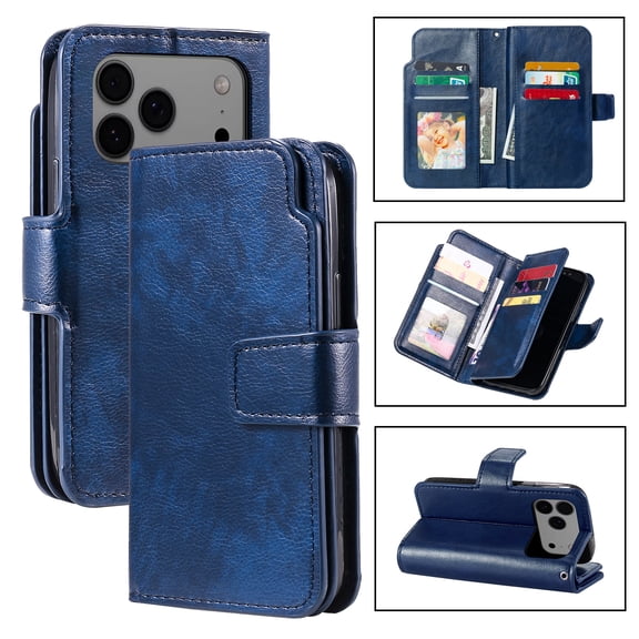Wallet Case for iPhone 17 Pro Max,[9 Card Holders & 2 Cash Pocket] RFID Blocking Premium PU Leather Magnetic Flip Kickstand Folio Case Durable TPU Shell Protective Luxury Cover - Blue
