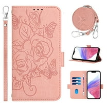 Wallet Case for iPhone 17 Pro Max, Embossed Flower PU Leather Flip Protective Wrist Strap Shoulder Strap RFID Blocking Card Slots Holder Pocket Stand Case for iPhone 17 Pro Max Women Girls, Pink