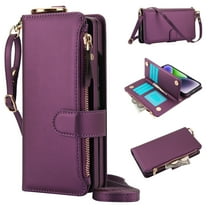 Wallet Case for iPhone 17 Pro Max, PU Leather Flip Cover with RFID Blocking Card Slots Zipper Pocket, Hand Strap Kickstand Magnetic Clasp Finger Ring Detachable Crossbody Strap, Deeppurple