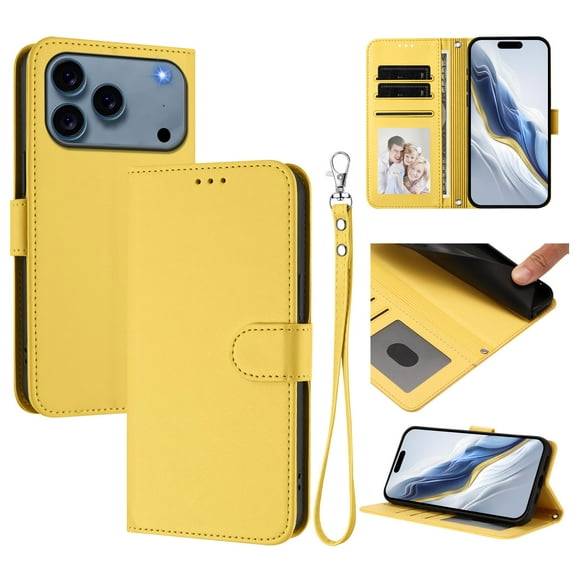 Wallet Case for iPhone 17 Pro Max, PU Leather Protective Case Wallet with Card Holder/Cash Slot, Flip Kickstand, Wrist Hand Strap, Magnetic Clasp, Shockproof Full Body Phone Cover, Yellow