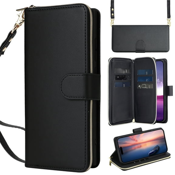 Wallet Case for iPhone 17 Pro Max, PU Leather TPU Protective Rugged Cover with Credit Card Slots Cash Slot Zipper Pocket Magnetic Closure Kickstand Wrist Strap & Adjustable Shoulder Strap, Black