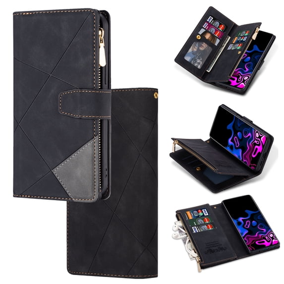 Wallet Case For iPhone 17 Pro Max, Premium PU Leather Flip Folio Cover RFID Blocking with 9 Card Slots, Zipper Purse Pocket, Hands-Free Kickstand, Magnetic Closure with Wrist Strap,Black