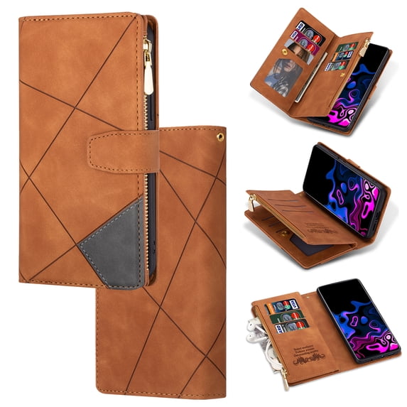 Wallet Case For iPhone 17 Pro Max, Premium PU Leather Flip Folio Cover RFID Blocking with 9 Card Slots, Zipper Purse Pocket, Hands-Free Kickstand, Magnetic Closure with Wrist Strap,Brown