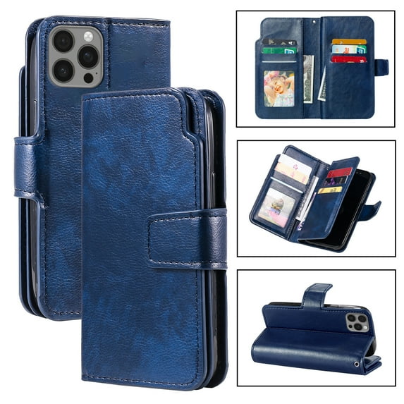Wallet Case for iPhone 17 Pro Max, RFID Blocking 9 Card Holders | Cash Pocket | Kickstand | Shockproof TPU Shell | PU Leather | Magnetic Closure | Protective Flip Folio Cover | Blue