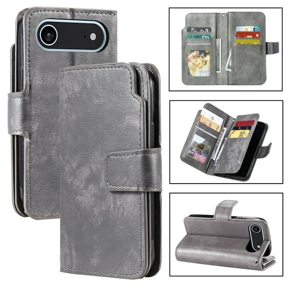 Wallet Case for iPhone 17 Pro Max, RFID Blocking 9 Card Holders | Cash Pocket | Kickstand | Shockproof TPU Shell | PU Leather | Magnetic Closure | Protective Flip Folio Cover | Gray