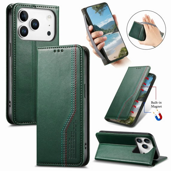 Wallet Case for iPhone 17 Pro, PU Leather Flip Cover with Elastic Wristband, Kickstand Shockproof Card & Cash Slots, Magnetic Closure Drop Protective Rugged Phone Cover, Green