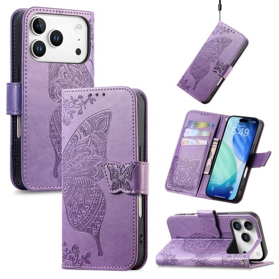 Wallet Case for iPhone 17 Pro,Women Flip Folio PU Leather Protective Case Wrist Strap Card Slots Holder Purse Emboss Butterfly Flower Stand Flip Case for iPhone 17 Pro,Lightpurple