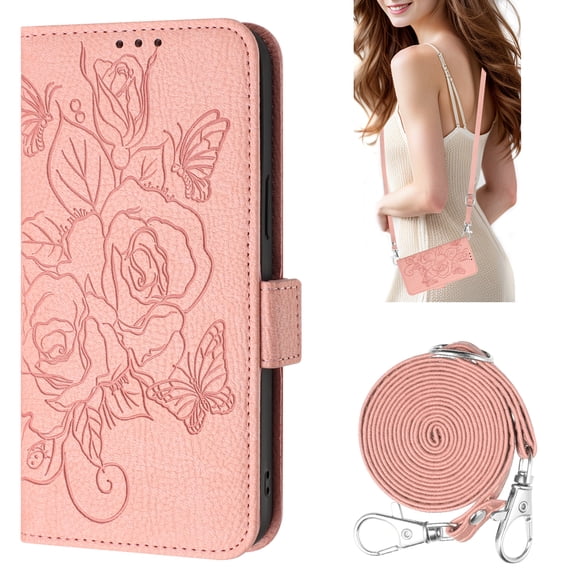 Wallet Case for iPhone 17, Rose Flower Embossed PU Leather Flip Cover with Wrist & Shoulder Strap, Kickstand RFID Blocking Magnetic Closure Card Slots Full Body Protection for Women, Pink