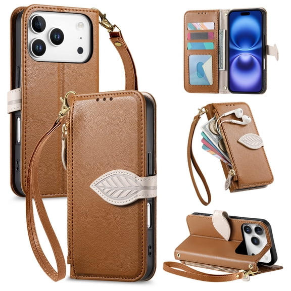 Wallet Case for iPhone 18 Pro Flip PU Leather Protective Kickstand Cover, with Lanyard & Crossbody Strap Shock-Absorbent Card Slots Zipper Pocket Leaf Design Magnetic Clasp Phone Case, Brown