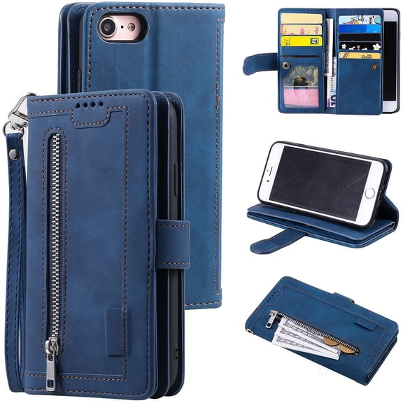 Wallet Case for iPhone 6 6S, Retro 9 Card Slots Zipper Pocket Handbag Case PU Leather Magnetic Closure Kickstand with Wrist Strap TPU Flip Case - Blue