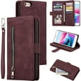 thumbnail image 1 of Wallet Case for iPhone 6 6S, Retro 9 Card Slots Zipper Pocket Handbag Case PU Leather Magnetic Closure Kickstand with Wrist Strap TPU Flip Case - Wine Red, 1 of 14