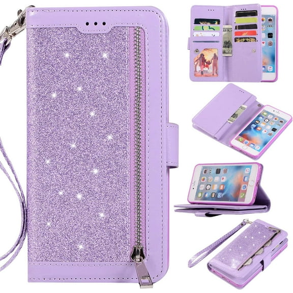 Wallet Case for iPhone 6 Plus iPhone 6S Plus,Magnetic Handbag Zipper Pocket PU Leather Flip with 9 Card Slots and Wrist Strap Folio TPU Inner Stand Case for iPhone 6 Plus/6S Plus - Purple
