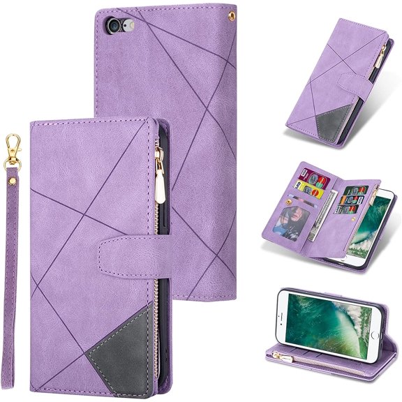 Wallet Case for iPhone 6 Plus/iPhone 6S Plus, Vintage Premium PU Leather Cover Flip Case with Card Slots Magnetic Closure Zipper Pocket Kickstand Handbag with Hand Strap - Diamond Black