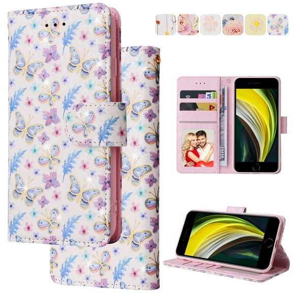 Wallet Case for iPhone 7 / 8 / SE 2020 / SE 2022 with RFID Blocking Credit Card Slots Holder, Cute Patterned Gold Brushing Magnetic Flip Kickstand Wrist Strap Cover, Butterfly Flower