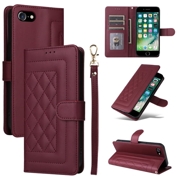 Wallet Case for iPhone 7 / 8 / SE 2022 & 2020, Vintage Wrist Strap Kickstand Credit Card Slots Magnetic Closure PU Leather Shockproof Protective TPU Shell for iPhone 7 / 8 / SE 2022 & 2020, Winered