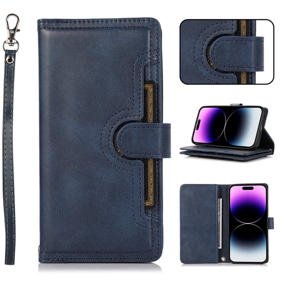 Wallet Case for iPhone 7 / 8 / SE 2022 & 2020 with Wrist Strap [9 Card Slots] PU Leather RFID Blocking ID Credit Holder & Outer Pocket Folio Flip Kickstand Magnetic Clasp Shockproof Cover,Darkblue