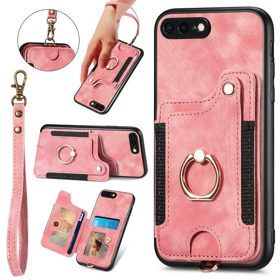 Wallet Case for iPhone 7 Plus/8 Plus, 360 Ring Holder Stand with Card Holder Premium Retro Leather Shockproof RFID Blocking Magnetic Clasp Hand Strap for Women Men For iPhone 7 Plus/8 Plus, Pink
