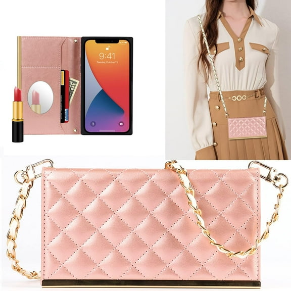 Wallet Case for iPhone 7 Plus/8 Plus,Luxury Fashion Flip Purse Leather Bag with Card Slots Crossbody Chain Shoulder Strap with Mirror Bracket Shockproof Protector Rose Gold