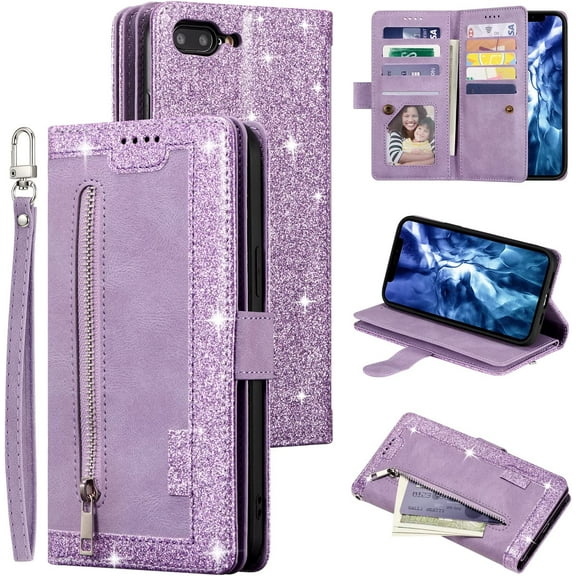 Wallet Case for iPhone 7 Plus iPhone 8 Plus, Retro Matte 9 Card Holder Slots Zipper Pocket Case PU Leather Magnetic Closure Kickstand with Wrist Strap Shockproof Folio Flip Case - Purple