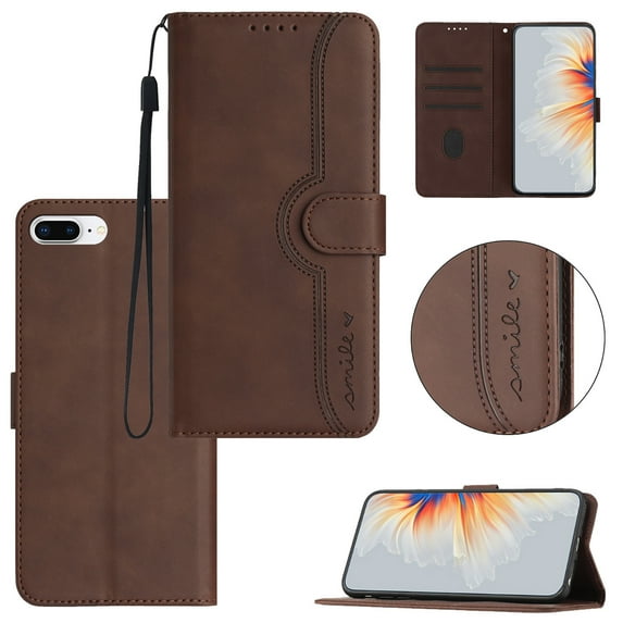 Wallet Case for iPhone 7 Plus/8 Plus, Smile Design Premium Leather Credit Card Holder Wallet RFID Blocking Case with Wrist Strap Stand Magnetic Flip Cover For iPhone 7 Plus/8 Plus, Brown