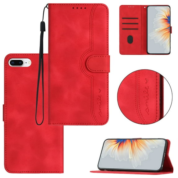 Wallet Case for iPhone 7 Plus/8 Plus, Smile Design Premium Leather Credit Card Holder Wallet RFID Blocking Case with Wrist Strap Stand Magnetic Flip Cover For iPhone 7 Plus/8 Plus, Red