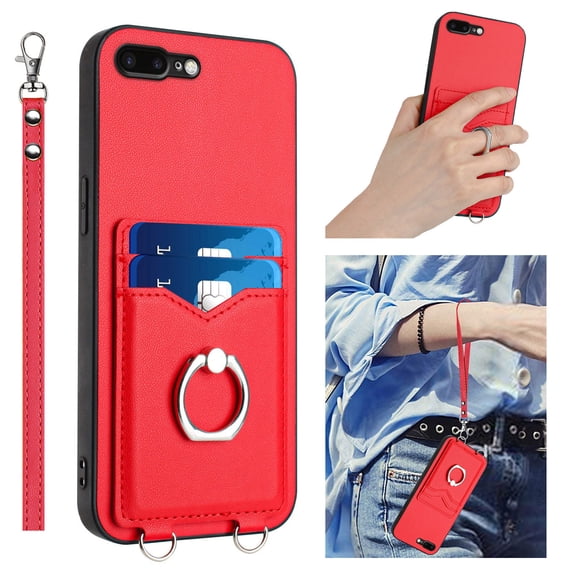Wallet Case for iPhone 7 Plus/8 Plus, Stylish Ultra Slim PU Leather Card Slots Ring Stand Wrist Strap Shockproof Protective Thin Lightweight Back Case Cover for iPhone 7 Plus/8 Plus, Red