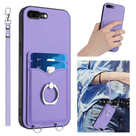 Wallet Case for iPhone 7 Plus/8 Plus, Stylish Ultra Slim PU Leather Card Slots Ring Stand Wrist Strap Shockproof Protective Thin Lightweight Back Case Cover for iPhone 7 Plus/8 Plus, Purple