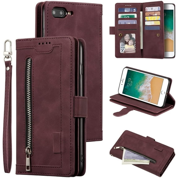 Wallet Case for iPhone 7 Plus iPhone 8 Plus, Retro 9 Card Slots Zipper Pocket Handbag Case PU Leather Magnetic Closure Kickstand with Wrist Strap TPU Flip Case - Wine Red