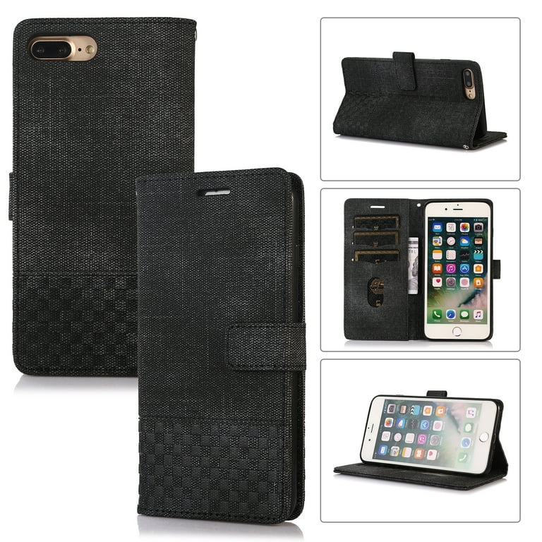 Wallet Case for iPhone 8 Plus 7 Plus Durable PU Leather Fabric Texture Magnetic Flip Case with Kickstand Card Slots Strap Wristlet Folio Purse Cover