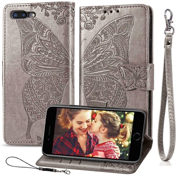 Wallet Case for iPhone 8 Plus/iPhone 7 Plus,Women Butterfly Emboss PU Leather Credit Card Holder Slots Wrist Strap Flip Folio Cover for iPhone 6 Plus/6S Plus/7 Plus/8 Plus,5.5 Inch (Gray)