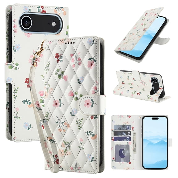 Wallet Case for iPhone Air, Flower PU Leather Durable Phone Case Kickstand Flip Case with Card Slots Wrist Strap Pattern Magnetic Closure Protective Case for iPhone Air - A