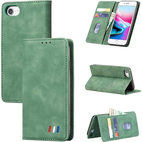 Wallet Case for iPhone SE 2020 iPhone 7 iPhone 8, Premium Vintage PU Leather Case Frosted Wallet Flip Cover Card Slots Magnetic Closure Kickstand Folio Shockproof Protective Case - Dark Green
