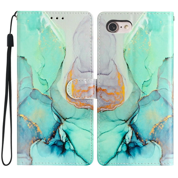Wallet Case for iPhone SE 2022/2020, for iPhone 8/iPhone 7 with Colorful Painting PU Leather Magnetic Flip Cover, Soft TPU Shockproof Card Slots Holder Kickstand Protective Case,Green Marble