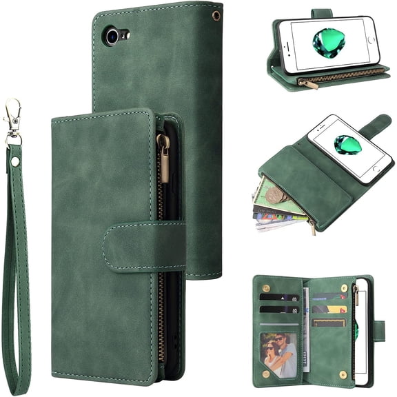 Wallet Case for iPhone SE 2022 5G/iPhone 7/iPhone 8/iPhone SE 2020, Premium PU Leather Magnetic Handbag Zipper Case Kickstand Card Slots Wrist Strap Flip Cover for iPhone SE3/SE2 - Dark Green