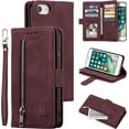 thumbnail image 1 of Wallet Case for iPhone SE 2022 5G/iPhone 7/iPhone 8/iPhone SE 2020, Retro 9 Card Slots Zipper Pocket Handbag Case PU Leather Magnetic Cover Wrist Strap Flip Case for iPhone SE3/SE2 - Wine Red, 1 of 16
