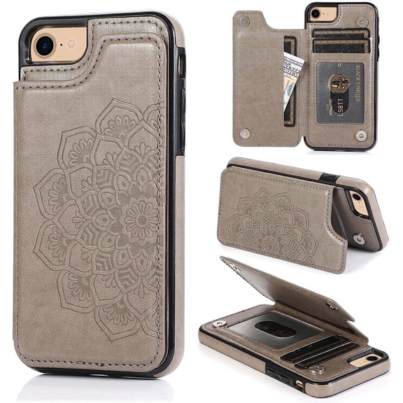 Wallet Case for iPhone SE 2022/SE 2020/iPhone 8/iPhone 7 with Card Holder,Women Mandala Emboss PU Leather Kickstand Card Slots Slim Flip Cover for iPhone 7/8/SE 2nd/SE 3rd Gen,4.7 Inch (Gray)