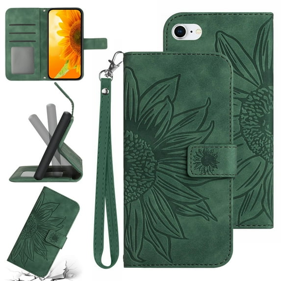 Wallet Case for iPhone SE 2022/iPhone SE 2020/iPhone 8/iPhone 7,for Men Women,Sunflower Embossed Pattern PU Leather Flip Cover Magnetic Card Slots Stand Phone Case with Hand Strap,Green