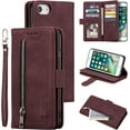 thumbnail image 1 of Wallet Case for iPhone SE(5G) 2022 iPhone 7 iPhone 8 iPhone SE 2020, Retro Matte 9 Card Holder Slots Zipper Pocket PU Leather Magnetic Closure Kickstand with Wrist Strap Flip Case-Wine Red, 1 of 15
