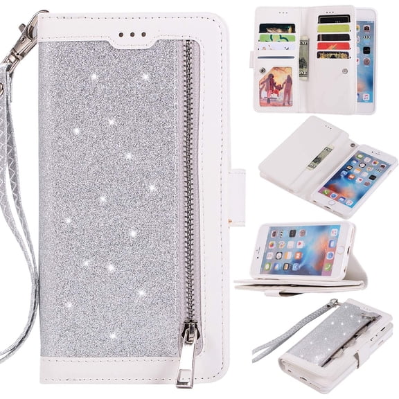 Wallet Case for iPhone SE(5G) 2022 iPhone 7 iPhone 8 iPhone SE 2020, Magnetic Handbag Zipper Pocket PU Leather Flip with 9 Card Slots and Wrist Strap Folio TPU Inner Stand Case - Silver