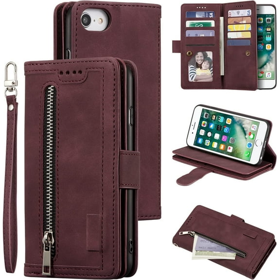 Wallet Case for iPhone SE(5G) 2022 iPhone 7 iPhone 8 iPhone SE 2020, Retro Matte 9 Card Holder Slots Zipper Pocket PU Leather Magnetic Closure Kickstand with Wrist Strap Flip Case-Wine Red
