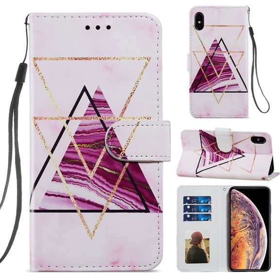 Wallet Case for iPhone X 5.8 inch, iPhone XS Cover with Card Holder, Allytech Lightweight PU Leather Durable TPU Inner Anti-Scratch Magnetic Clasp Kickstand Detachble Hand Strap Case, Triangle Marble