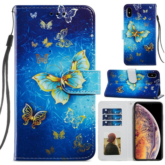 Wallet Case for iPhone X 5.8 inch, iPhone XS Cover with Card Holder, Allytech Lightweight PU Leather Durable TPU Inner Anti-Scratch Magnetic Clasp Kickstand Detachble Hand Strap Case, Gold Butterfly
