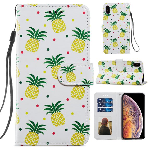 Wallet Case for iPhone X 5.8 inch, iPhone XS Cover with Card Holder, Allytech Lightweight PU Leather Durable TPU Inner Anti-Scratch Magnetic Clasp Kickstand Detachble Hand Strap Case, Cute Pineapple