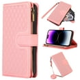 thumbnail image 1 of Wallet Case for iPhone X/XS Flip Case, Vintage PU Leather Zipper Pocket Kickstand Protective Shoulder Strap Lanyard Rugged Phone Cover with Card Holder for iPhone X/XS, Pink, 1 of 6