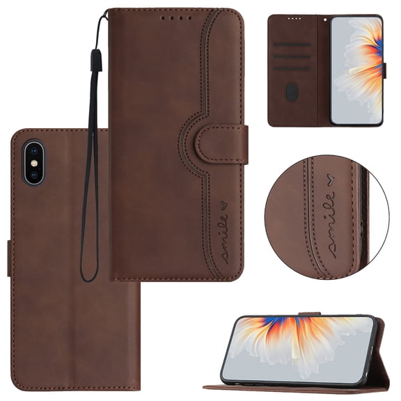 Wallet Case for iPhone X / XS, Smile Design Premium Leather Credit Card Holder Wallet RFID Blocking Case with Wrist Strap Stand Magnetic Flip Cover For iPhone X / XS, Brown