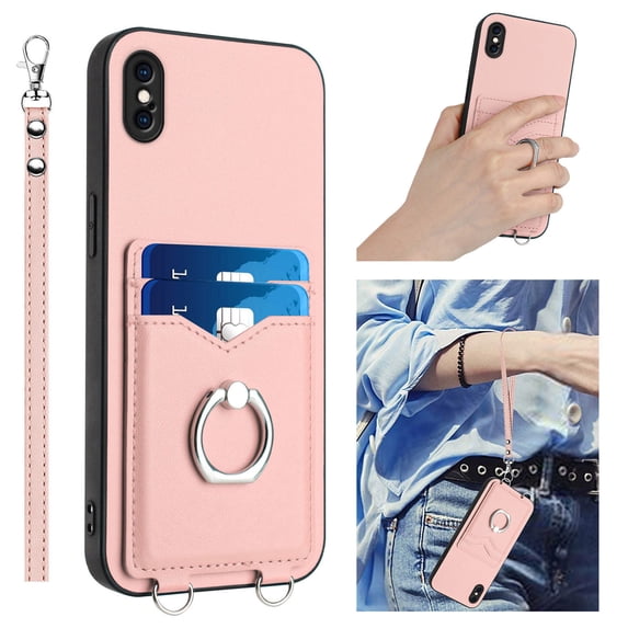 Wallet Case for iPhone X/XS, Stylish Ultra Slim PU Leather Card Slots Ring Stand Wrist Strap Shockproof Protective Thin Lightweight Back Case Cover for iPhone X/XS, Rosegold